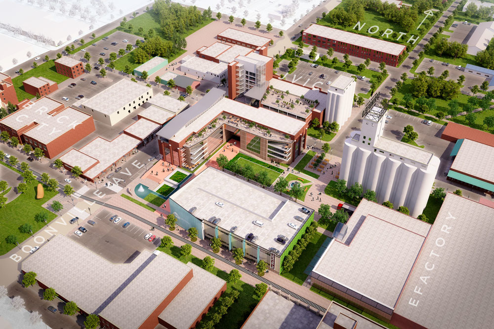 ROOM TO GROW: An overhead shot of the IDEA Commons development shows the layout of the roughly $50 million planned addition with a new parking garage, office building and green space.